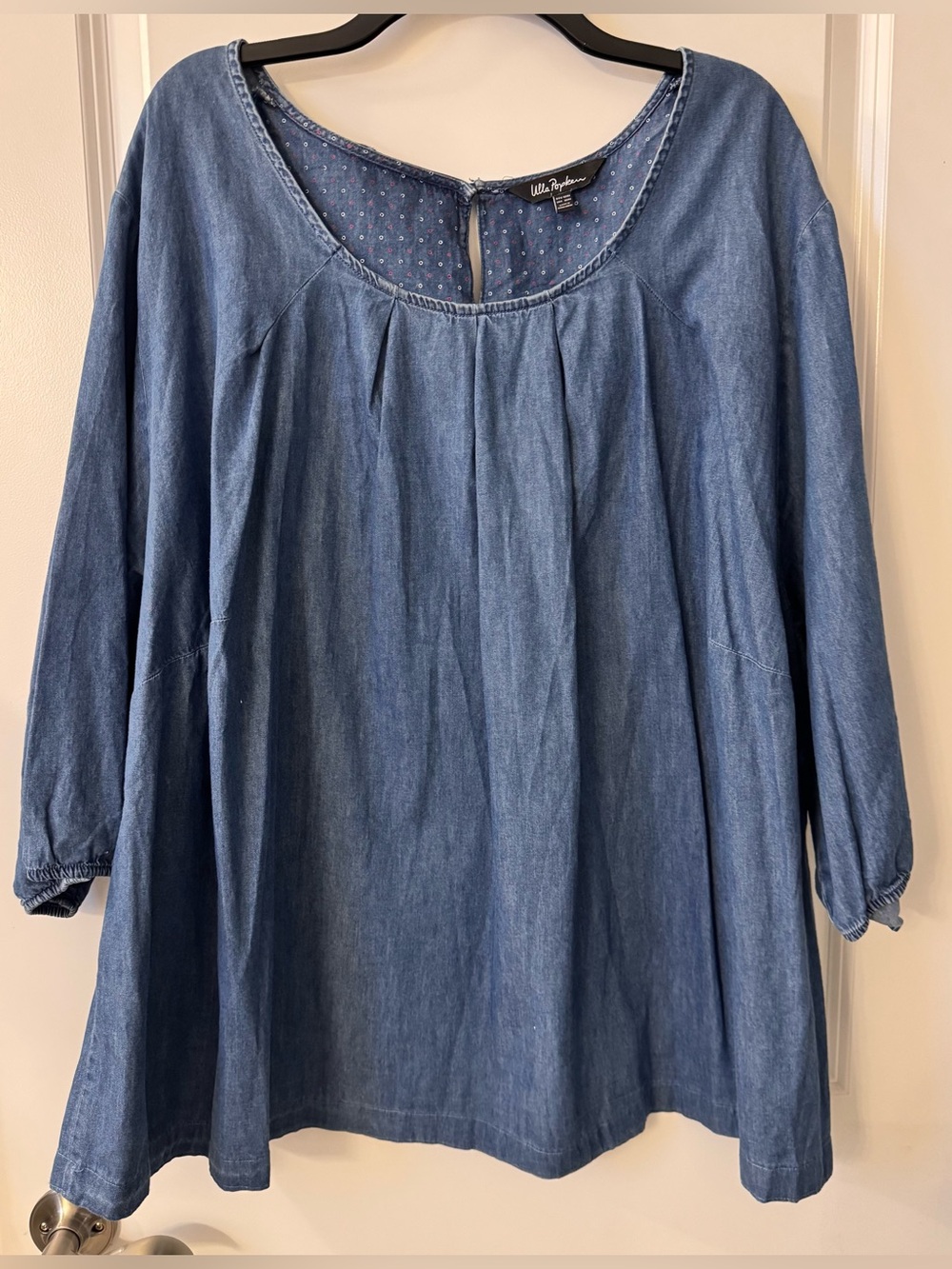 #x535 Ulla Popken 100% Cotton Medium Wash Blue Denim A-Line Swing Peasant Blouse